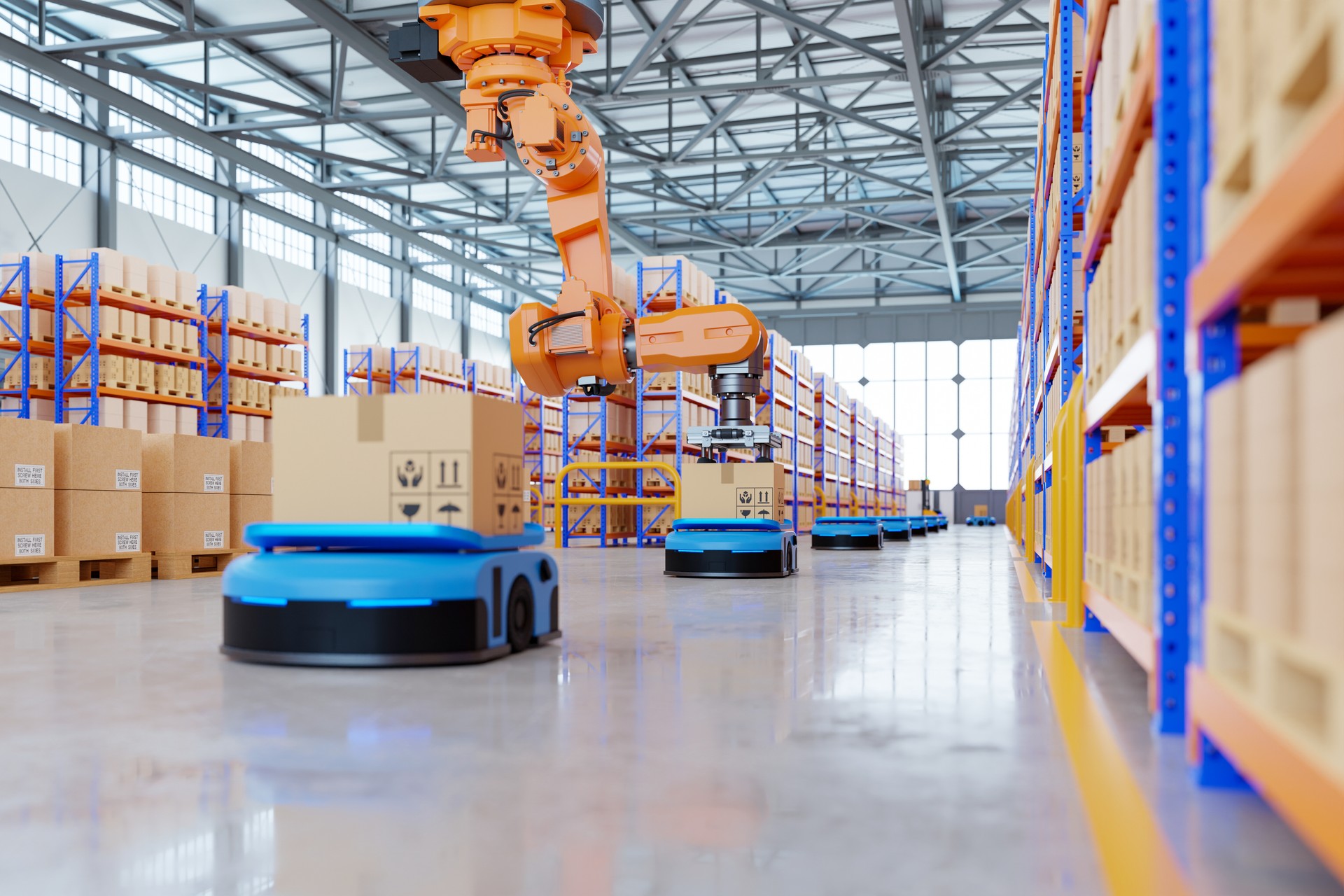 Robotic arm for packing with producing and maintaining logistics systems using Automated Guided Vehicle (AGV).